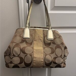 Coach Tan and Gold Signature Handbag